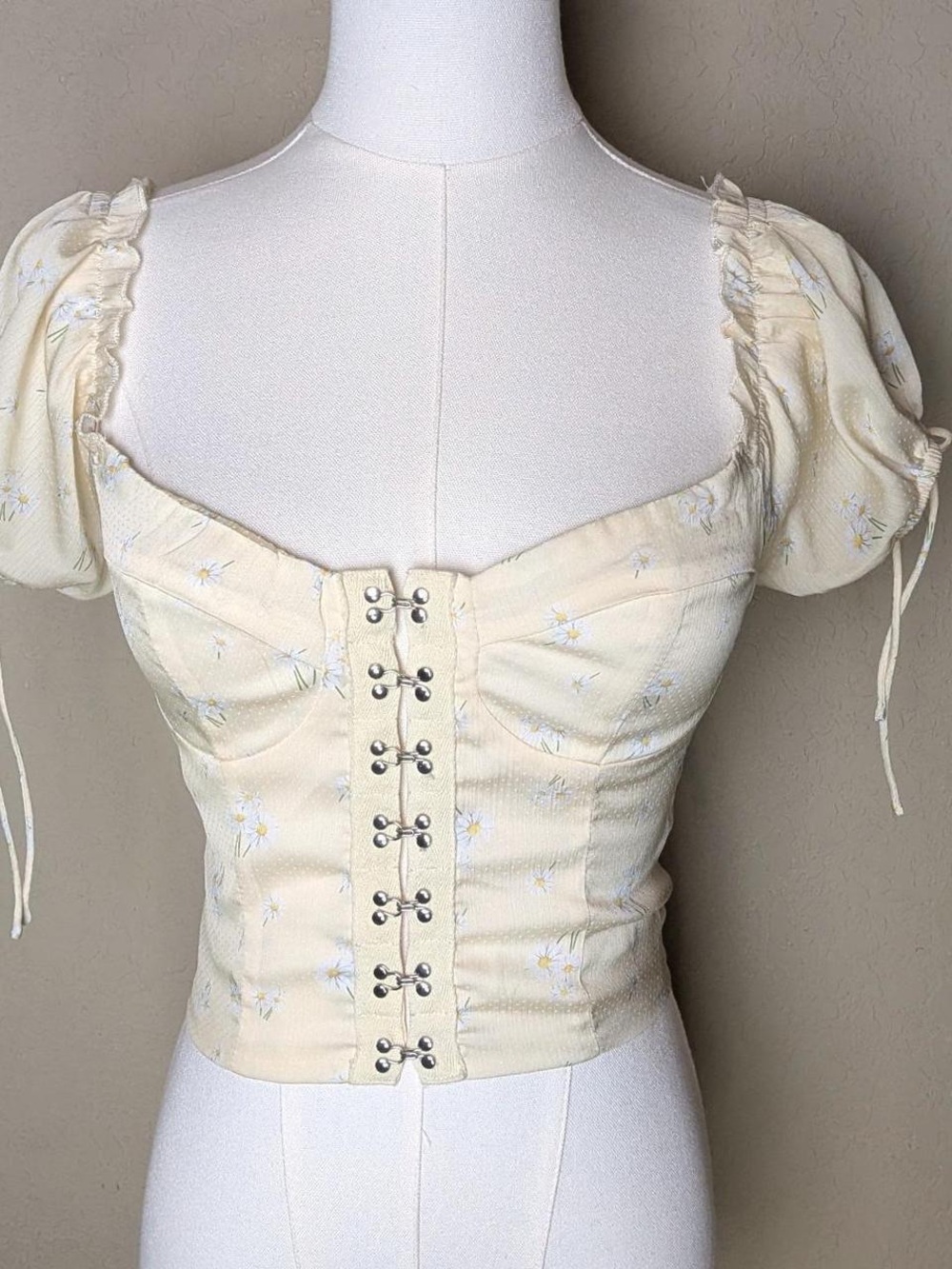Princess Polly Cream Floral Corset Crop Top with Puff Sleeves